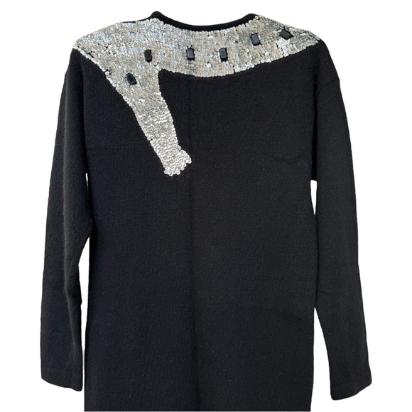 Vintage 80s Sequin Lambswool Leopard Cat Sweater Dress Size Medium Black Glam - Picture 5 of 8